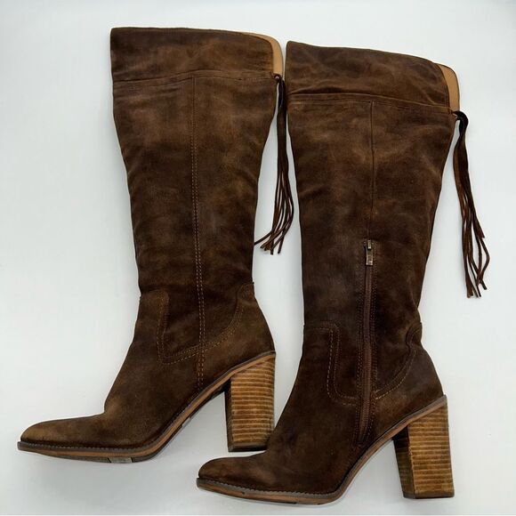 Franco Sarto Elnora Brown Suede Over the Knee Block Heeled Boots w/Tassel - Picture 6 of 13